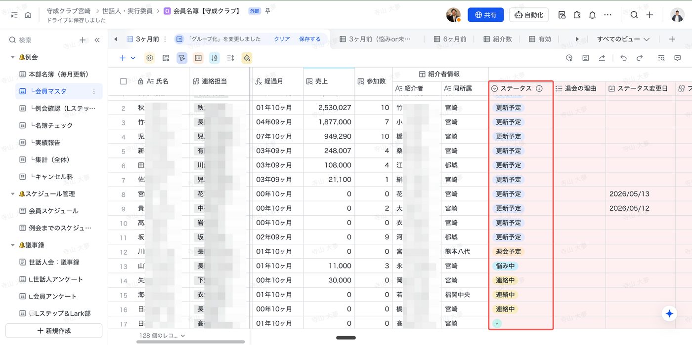 宮崎会場の会員台帳。在籍期間・売上・参加状況・連絡担当・ステータス・退会理由を一覧管理
